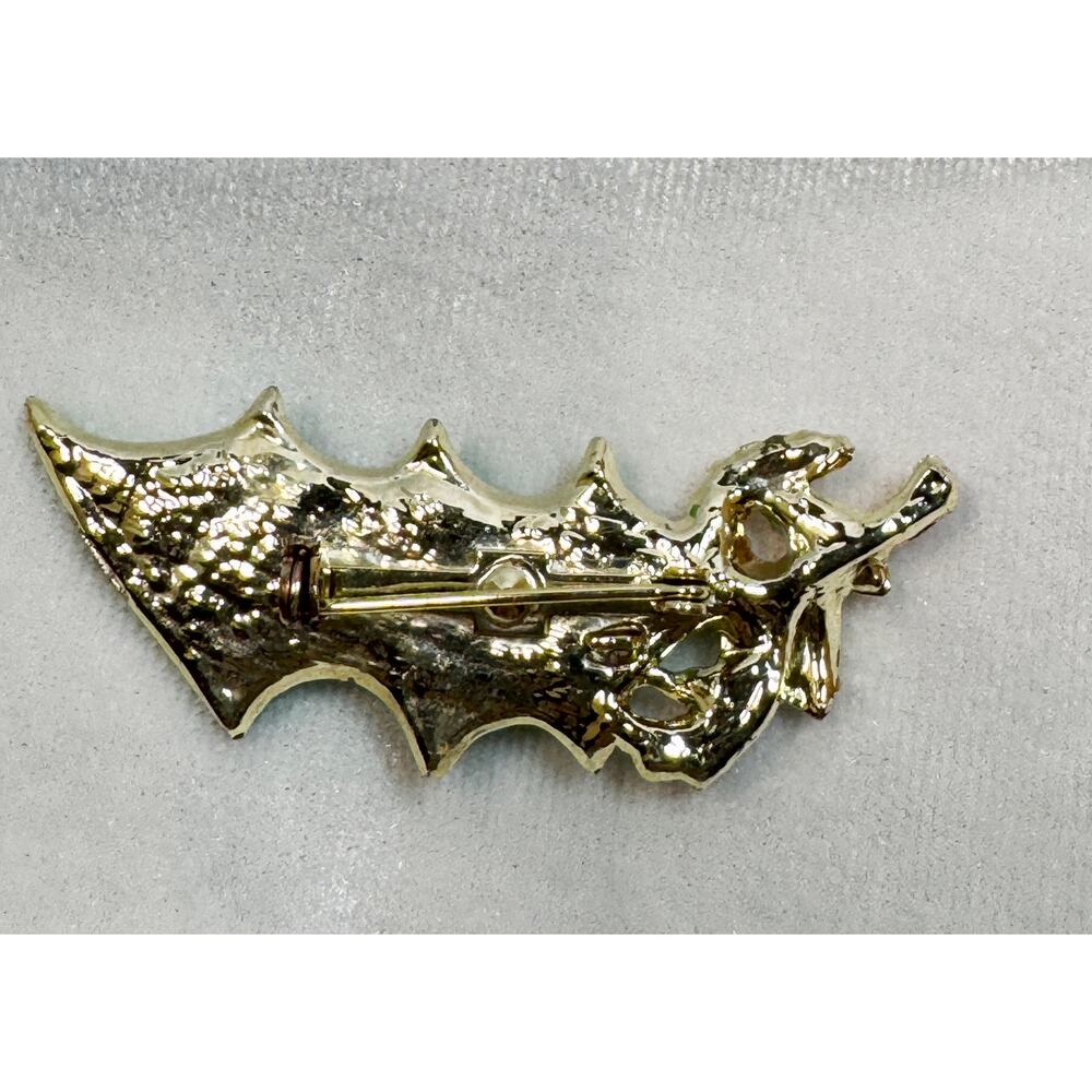 Vintage Enamel Holly Leaf Brooch Pin Green Red Gold Tone Christmas  2.25" CP182 - Picture 4 of 4